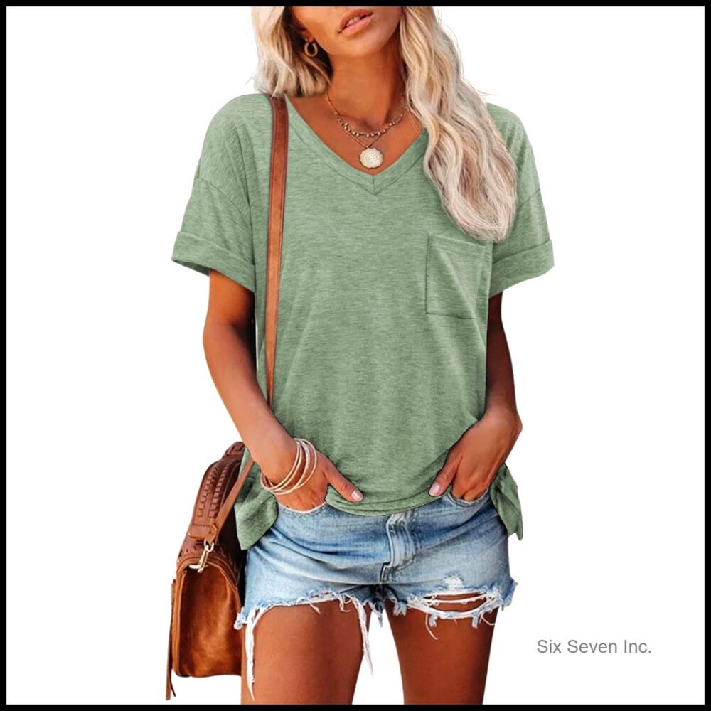 V-Neck Short Sleeve T-Shirt with Pocket, Polyester Rayon Spandex Blend